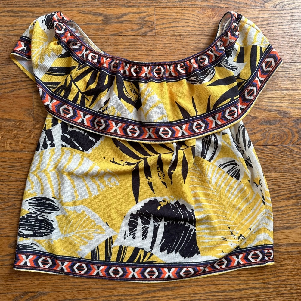 Braeve Yellow Tropical Palm Print Off The Shoulder Ruffle Top Small